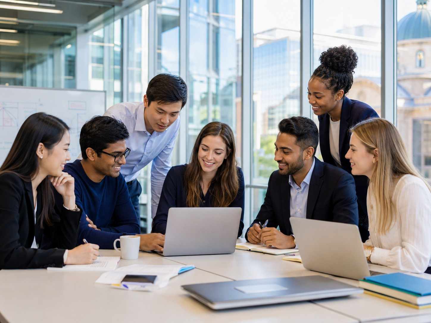 "MIT MFin students collaborating on a finance project in a modern classroom environment"